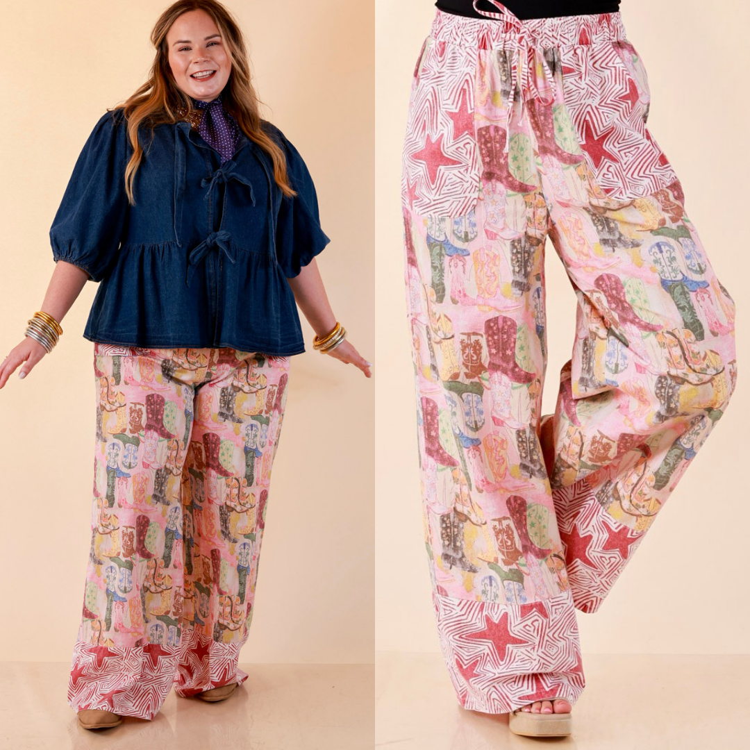 Pairs Well with Others Boots and Stars Mixed Print Drawstring Pants with Elastic Waistband in Red Mix
