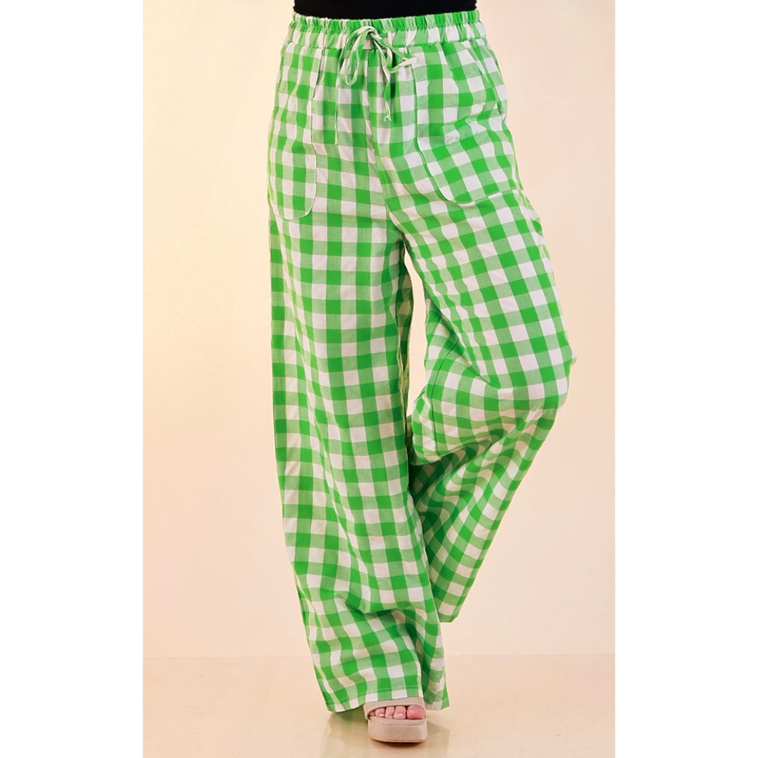 Pairs Well with Others Gingham Print Drawstring Pants with Elastic Waistband in Green