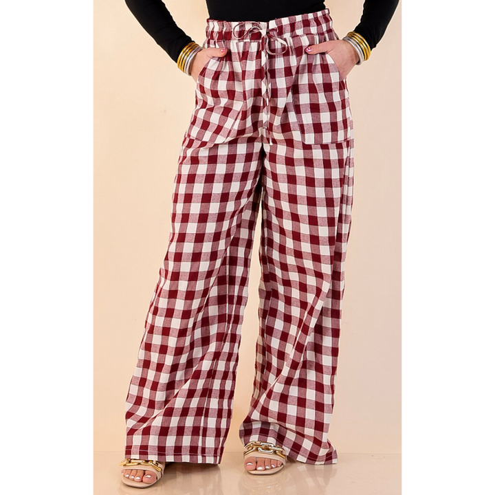 Pairs Well with Others Gingham Print Drawstring Pants with Elastic Waistband in Ivory and Maroon
