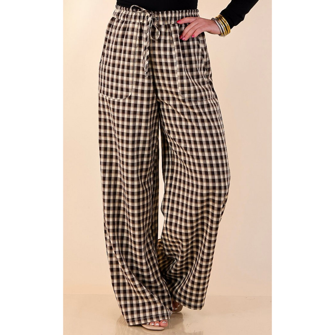 Pairs Well with Others Plaid Checkered Print Drawstring Pants with Elastic Waistband in Ivory