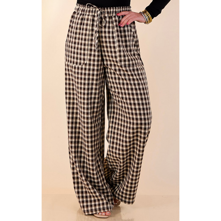 Pairs Well with Others Plaid Checkered Print Drawstring Pants with Elastic Waistband in Ivory