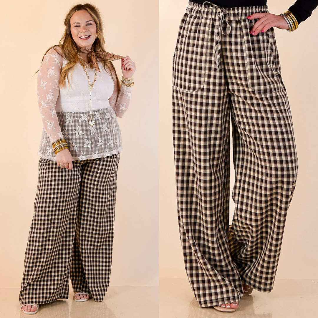 Models are wearing checkered print pants in ivory on a beige background