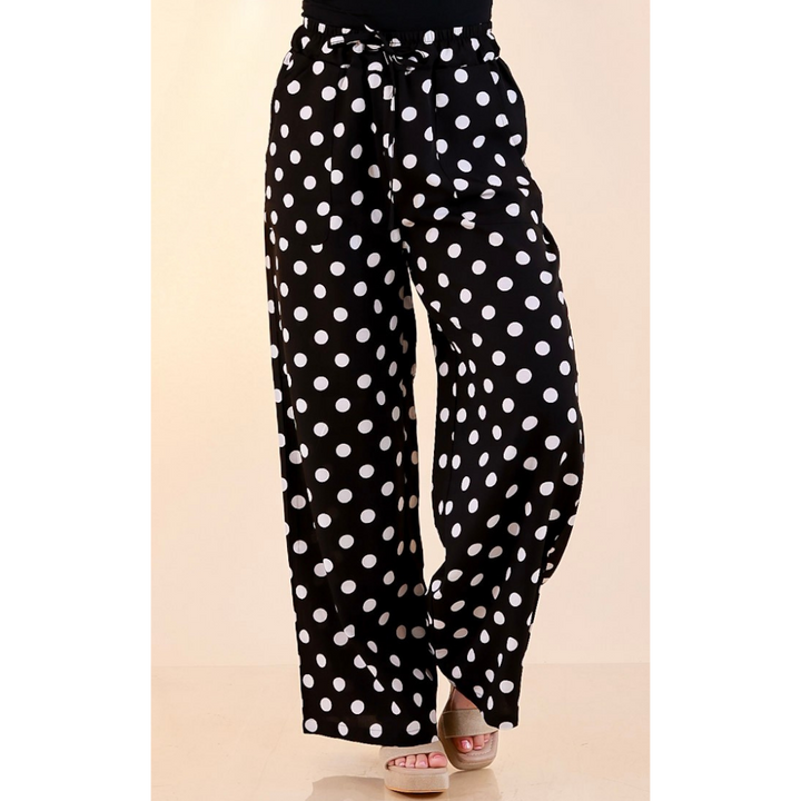 Pairs Well with Others Polka Dot Print Drawstring Pants with Elastic Waistband in Black
