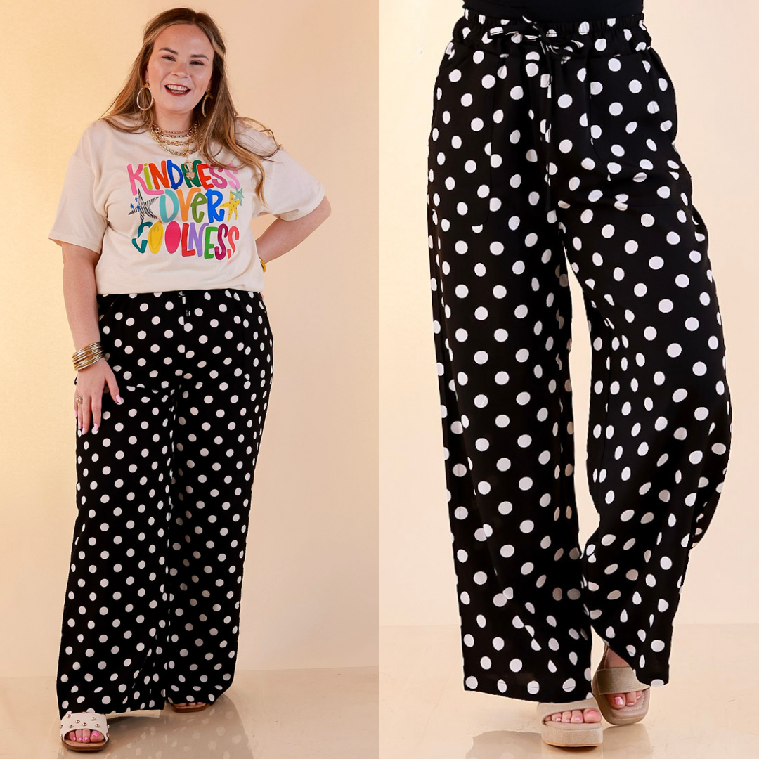 Pairs Well with Others Polka Dot Print Drawstring Pants with Elastic Waistband in Black