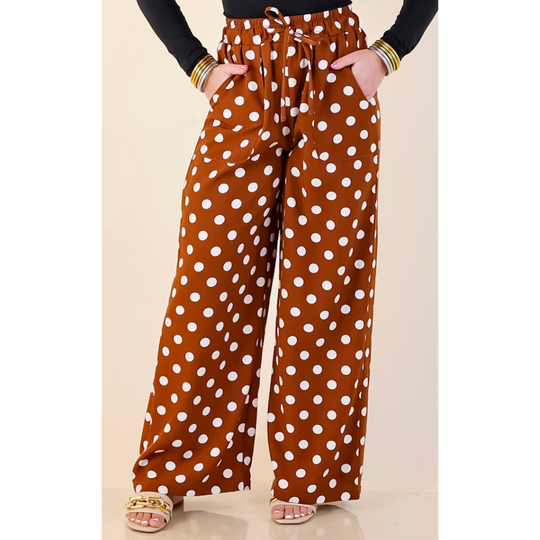 Pairs Well with Others Polka Dot Print Drawstring Pants with Elastic Waistband in Brown