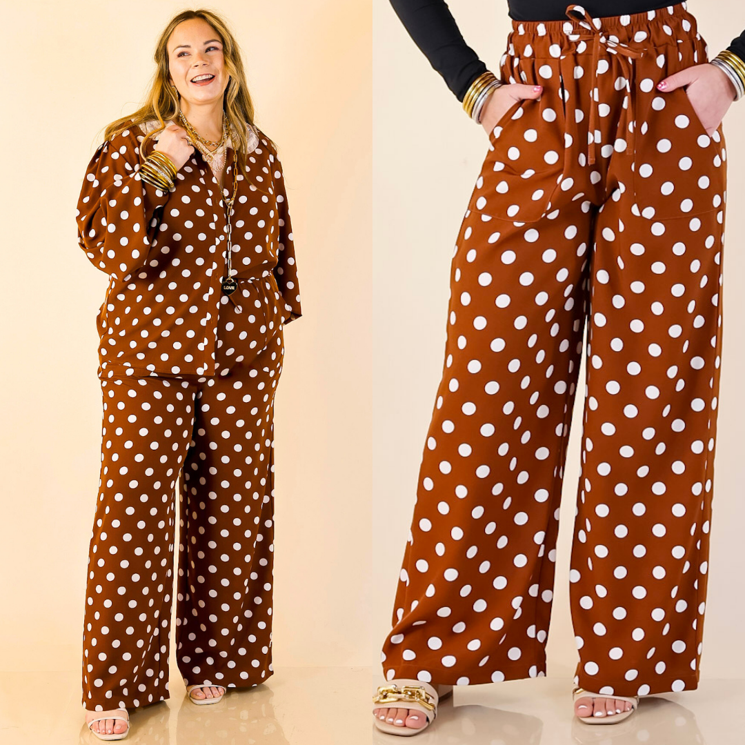 Models are wearing a brown polka dot drawstring pants with elastic waistband with a plain background