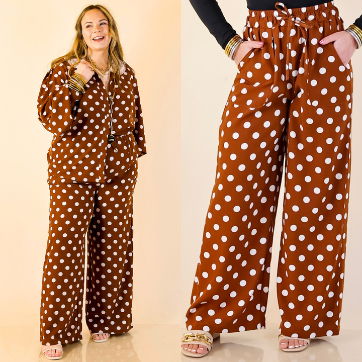 Models are wearing a brown polka dot drawstring pants with elastic waistband with a plain background