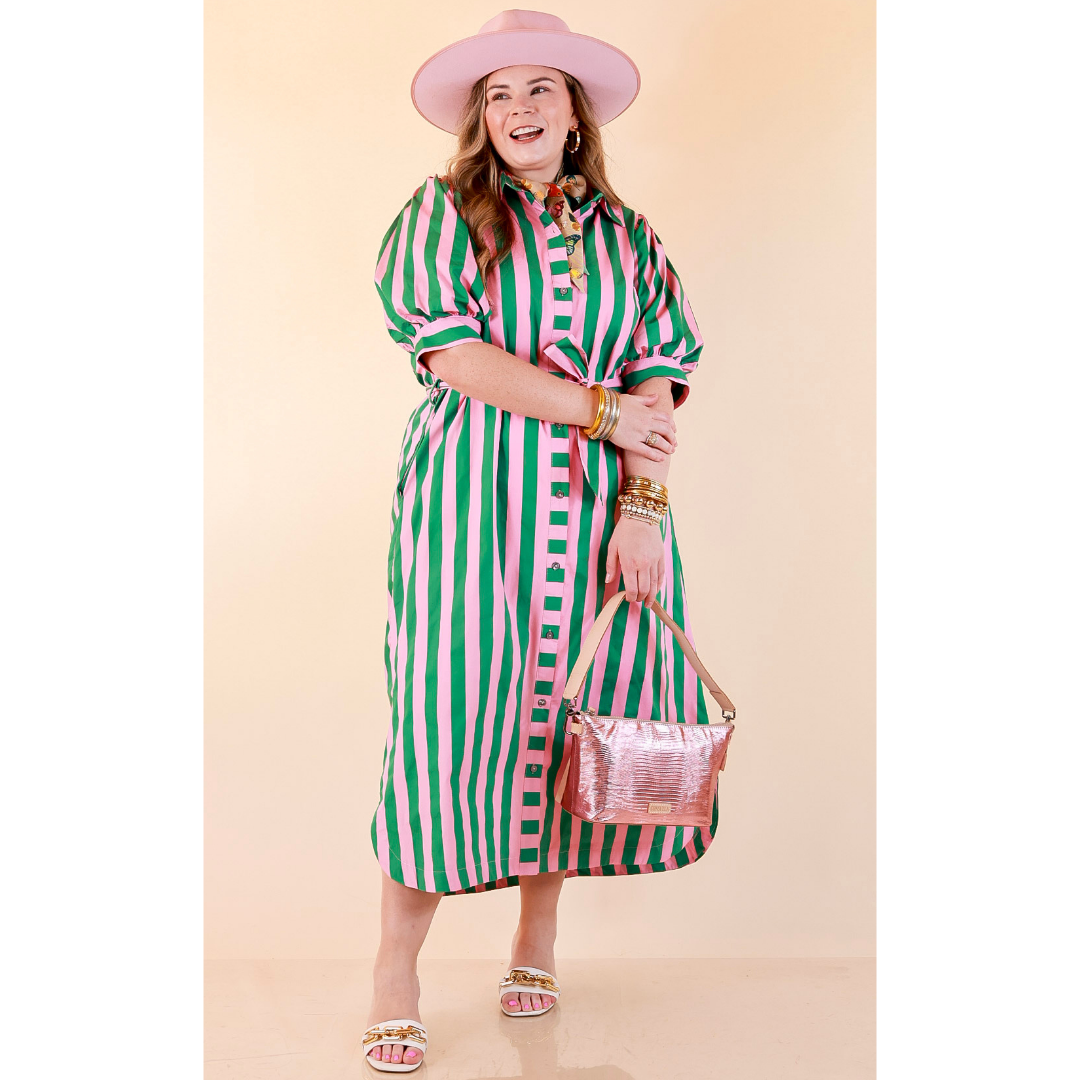 Palm Springs Pretty Puff Sleeve Button Front Belted Midi Dress with Stripe Print in Pink and Kelly Green
