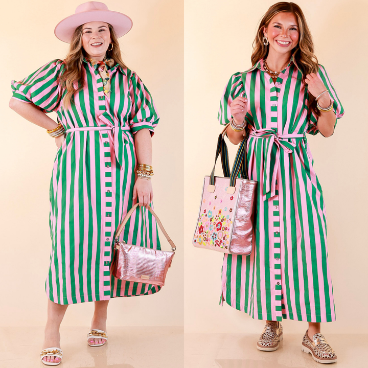 Palm Springs Pretty Puff Sleeve Button Front Belted Midi Dress with Stripe Print in Pink and Kelly Green
