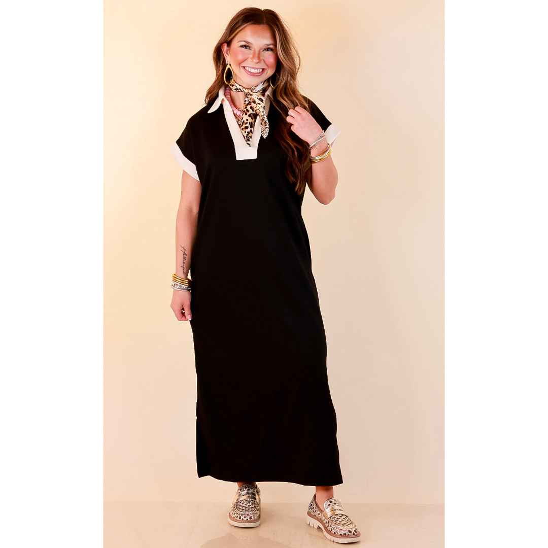 Park Avenue Solid Short Sleeve Knit Midi Dress with Ivory Trim in Black