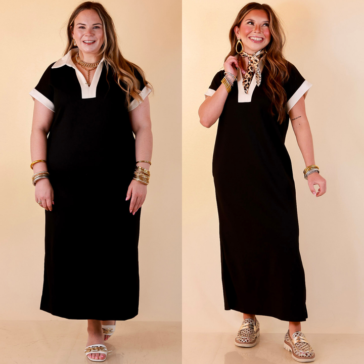 Park Avenue Solid Short Sleeve Knit Midi Dress with Ivory Trim in Black