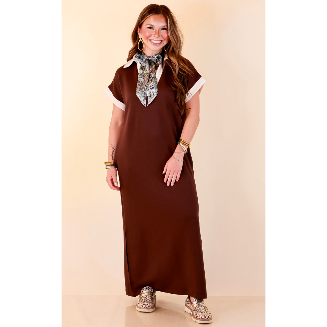 Park Avenue Solid Short Sleeve Knit Midi Dress with Ivory Trim in Chocolate Brown