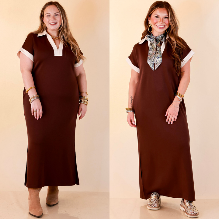 Park Avenue Solid Short Sleeve Knit Midi Dress with Ivory Trim in Chocolate Brown