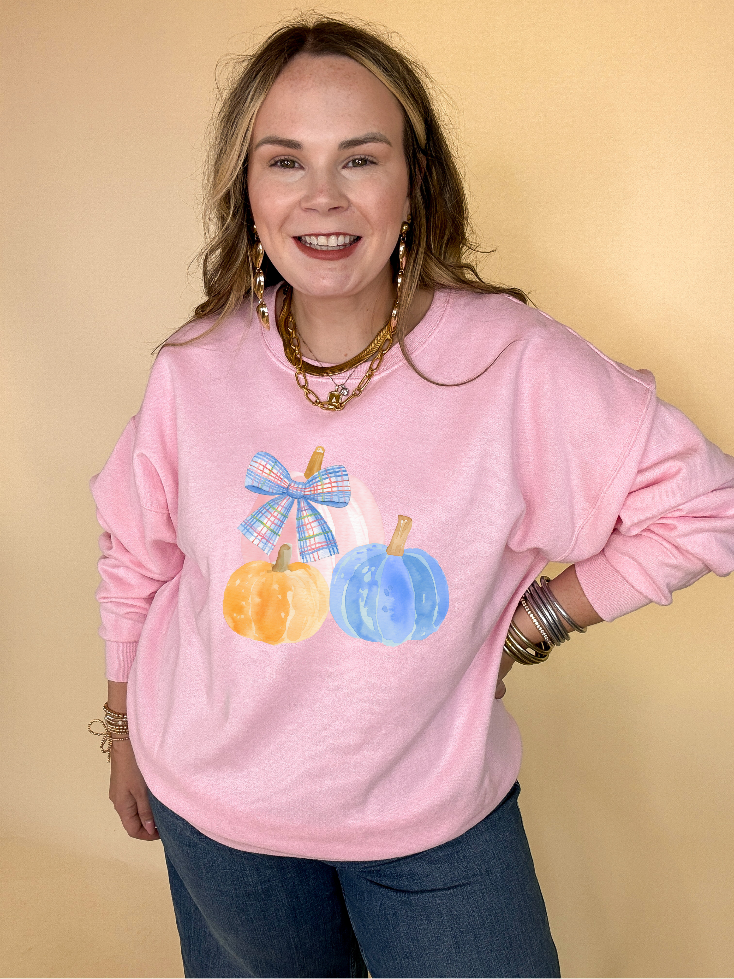 Online Exclusive | Pastel Patch Pumpkins in Orange, Pink and Blue with Plaid Bow Graphic Sweatshirt in Multiple Color Options