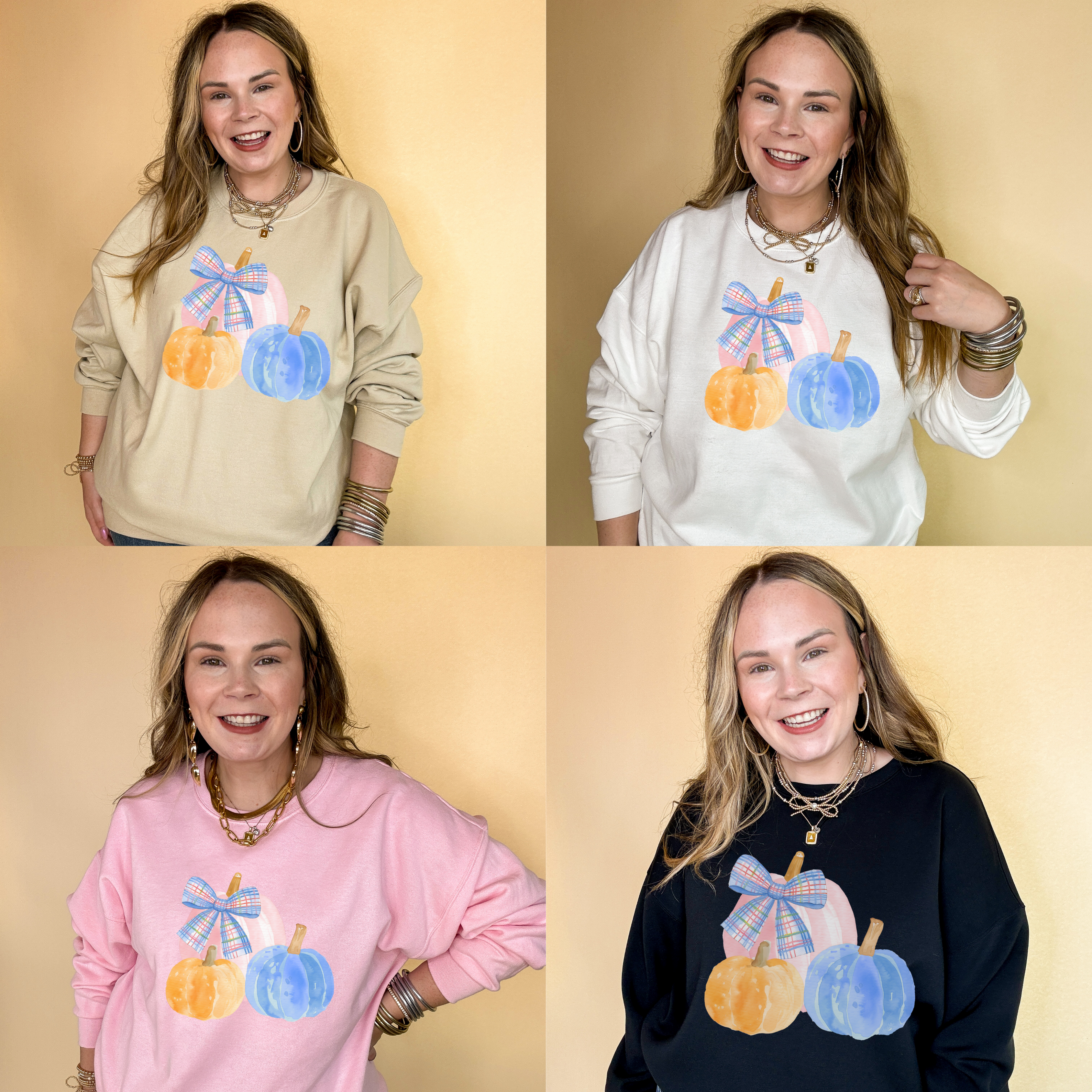 Online Exclusive | Pastel Patch Pumpkins in Orange, Pink and Blue with Plaid Bow Graphic Sweatshirt in Multiple Color Options