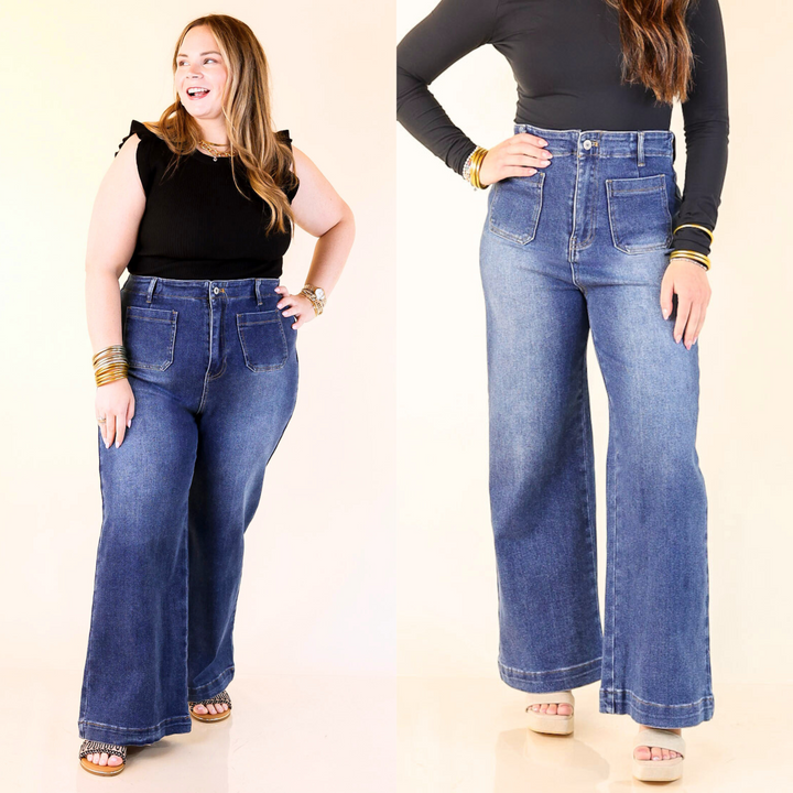 A high-rise fit and wide-leg silhouette, this dark wash denim delivers structure, and he front patch pockets add a touch of charm. Small through plus sizes.