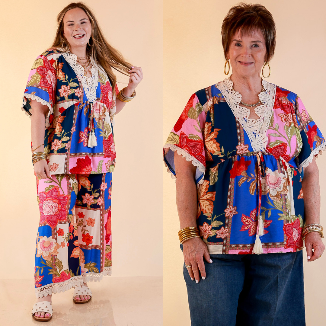 Patchwork Charm Floral Patchwork Print Print Lace Detail Short Sleeve Top in Blue Mix