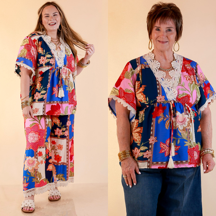 Patchwork Charm Floral Patchwork Print Print Lace Detail Short Sleeve Top in Blue Mix