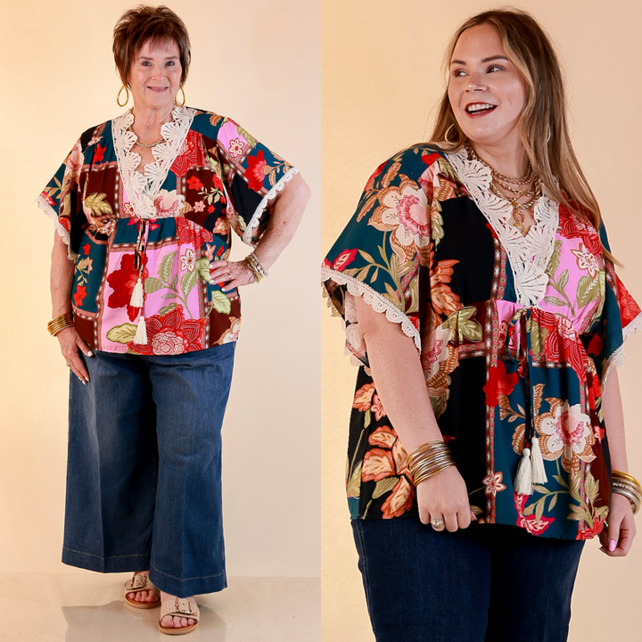 Patchwork Charm Floral Patchwork Print Print Lace Detail Short Sleeve Top in Pink Mix