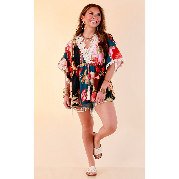 Patchwork Charm Floral Patchwork Print Print Lace Detail Short Sleeve Top in Pink Mix