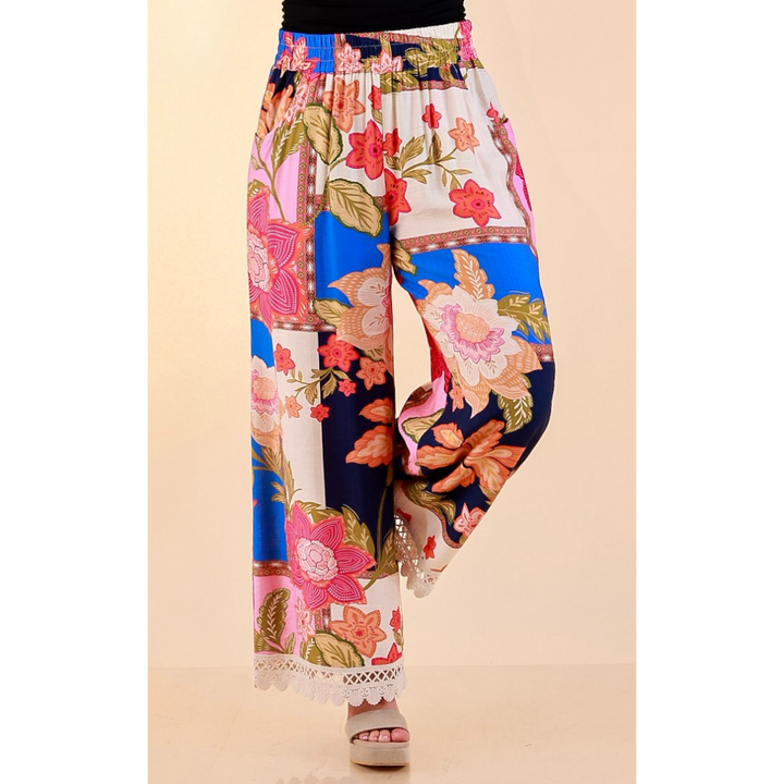 Patchwork Flair Floral Patchwork Print Wide Leg Pants with Lace Trim in Blue Mix