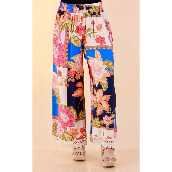 Patchwork Flair Floral Patchwork Print Wide Leg Pants with Lace Trim in Blue Mix