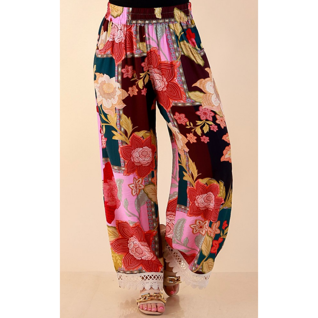 Patchwork Flair Floral Patchwork Print Wide Leg Pants with Lace Trim in Pink Mix
