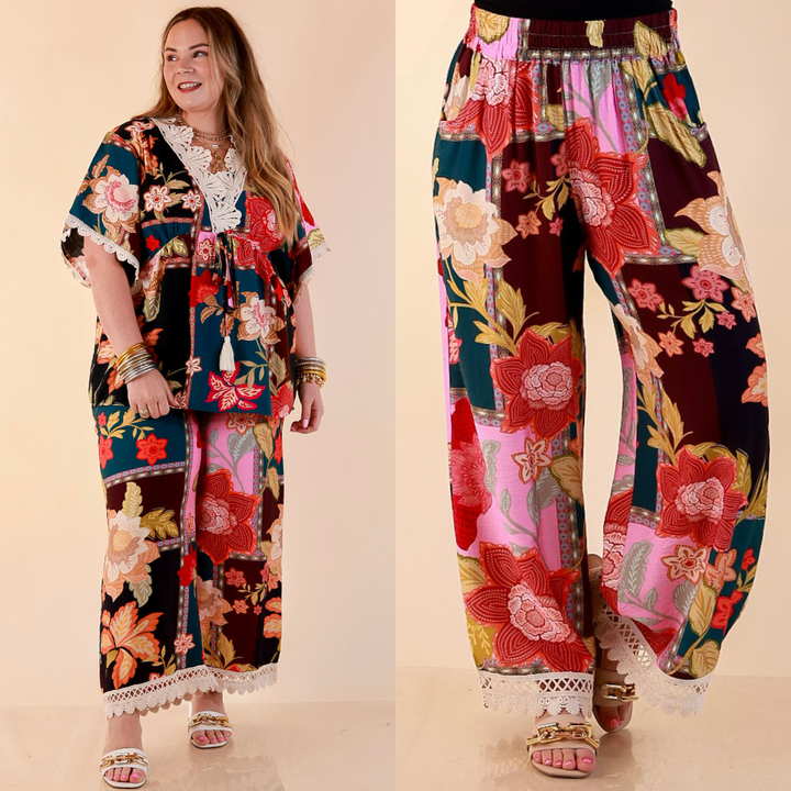 Patchwork Flair Floral Patchwork Print Wide Leg Pants with Lace Trim in Pink Mix
