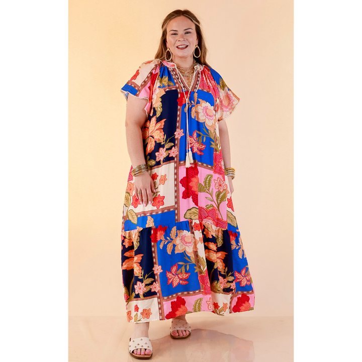 Patchwork Poise Floral Patchwork Print Midi Dress with Tassel Tie Neckline and Flutter Sleeves in Blue Mix