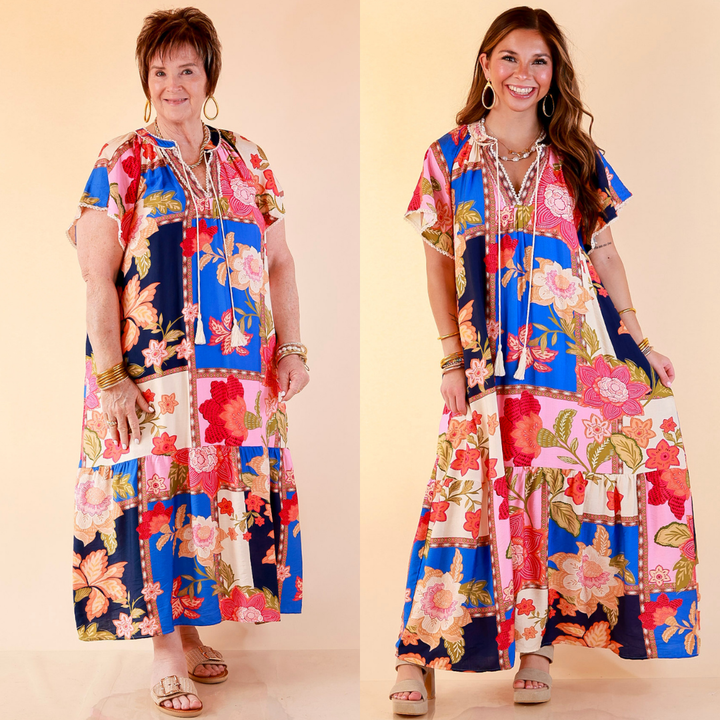 Patchwork Poise Floral Patchwork Print Midi Dress with Tassel Tie Neckline and Flutter Sleeves in Blue Mix