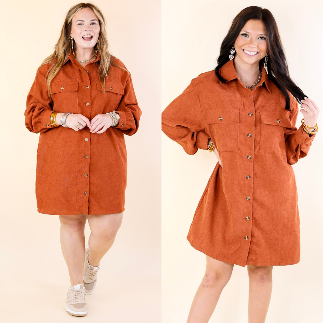 Rust Orange Corduroy Long Sleeve Dress L