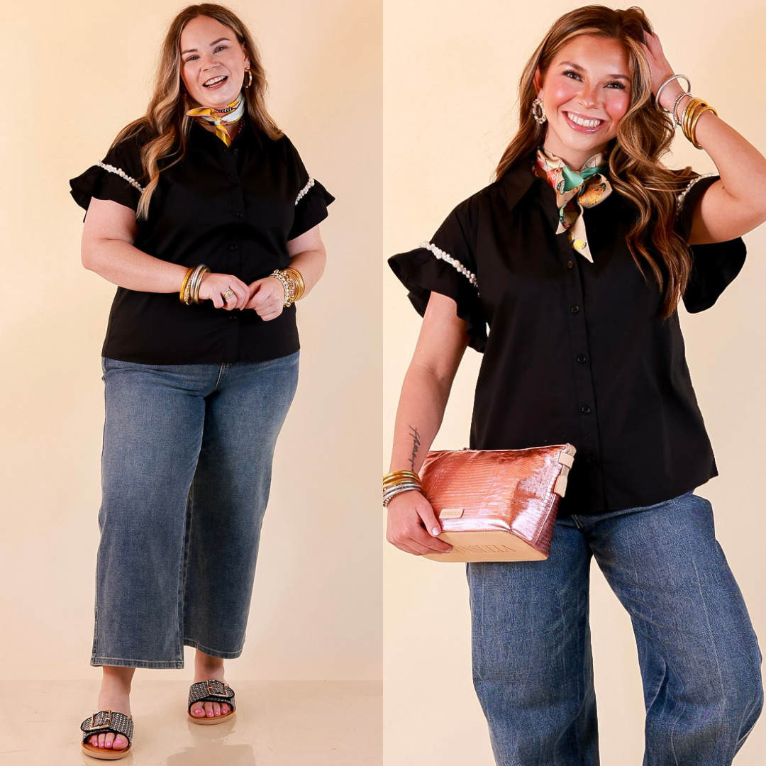 Pearl Perfection Pearl Trim Ruffle Sleeve Button Front Top in Black