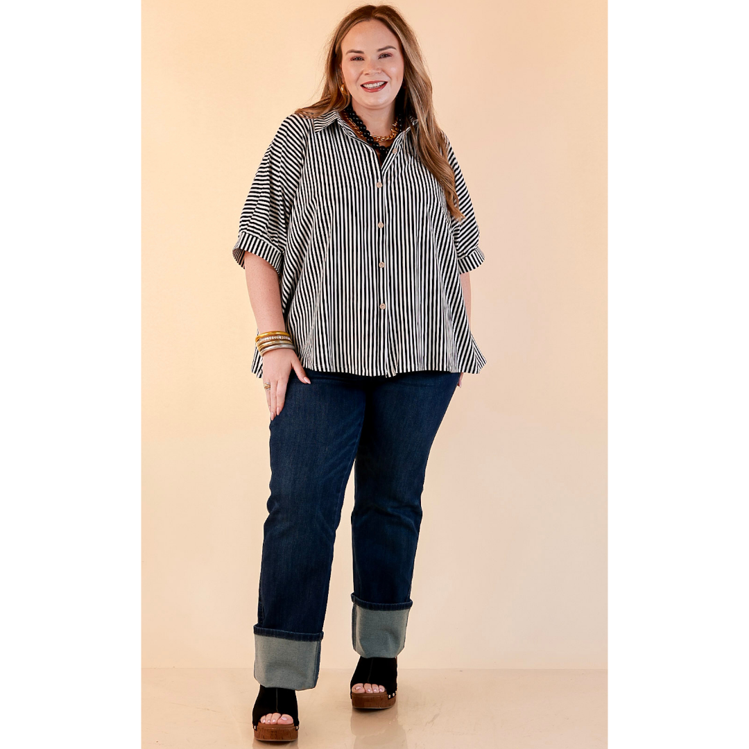 Perfectly Aligned Button Down Collared Top with Vertical Ivory Stripe Detail in Black