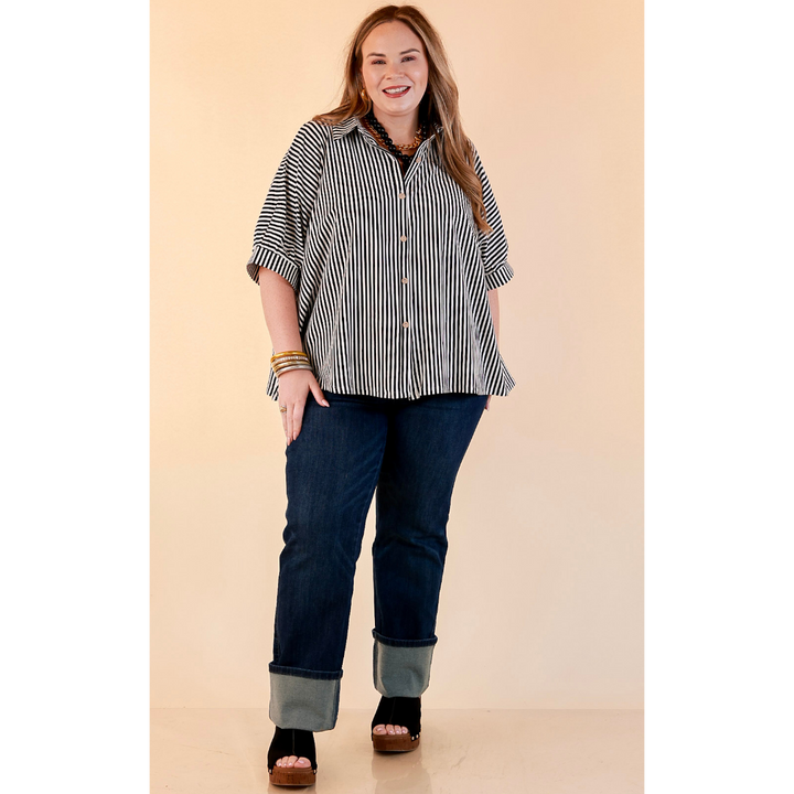 Perfectly Aligned Button Down Collared Top with Vertical Ivory Stripe Detail in Black