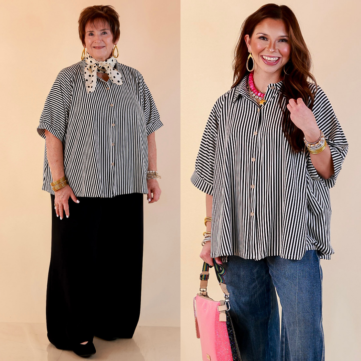 Perfectly Aligned Button Down Collared Top with Vertical Ivory Stripe Detail in Black