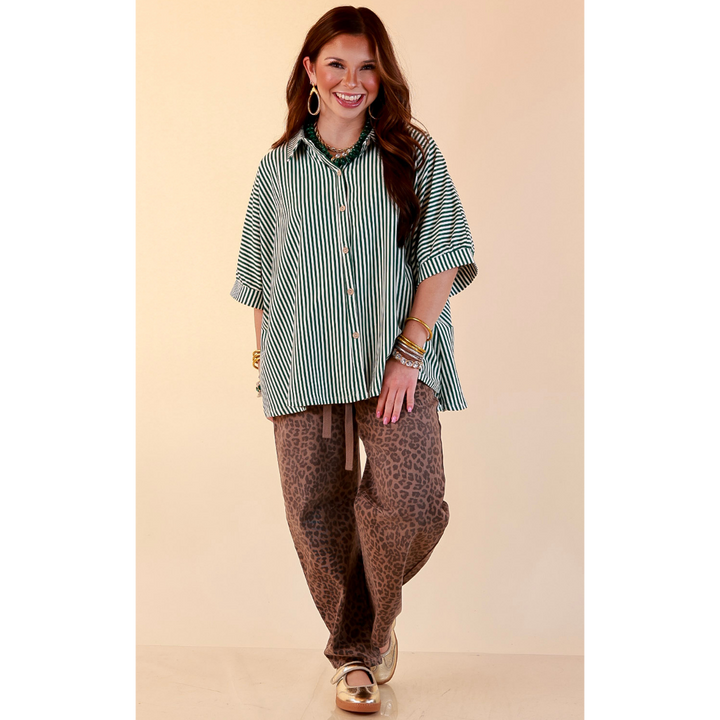 Perfectly Aligned Button Down Collared Top with Vertical Ivory Stripe Detail in Forest Green