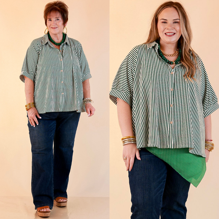 Perfectly Aligned Button Down Collared Top with Vertical Ivory Stripe Detail in Forest Green