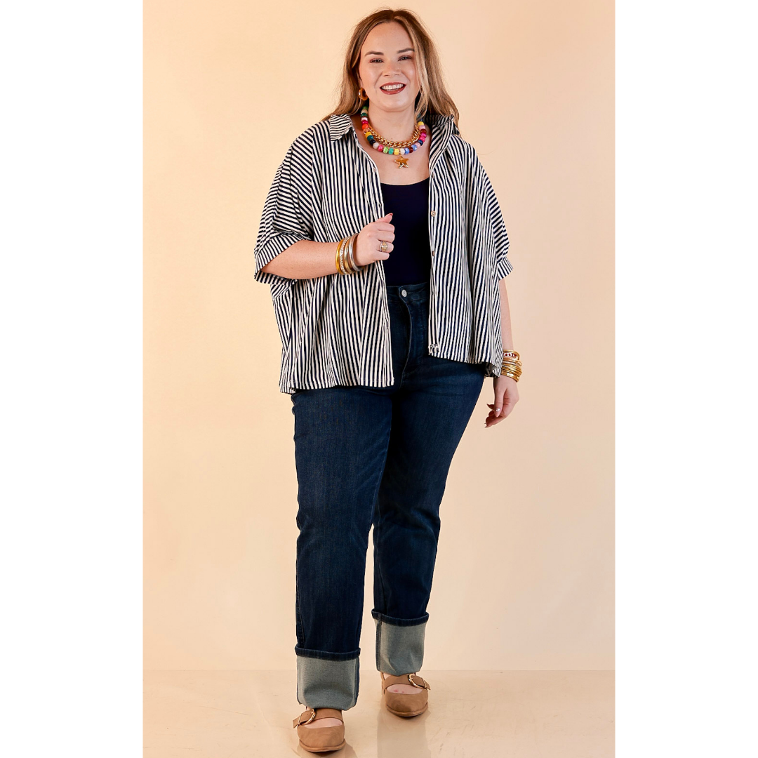 Perfectly Aligned Button Down Collared Top with Vertical Ivory Stripe Detail in Navy Blue