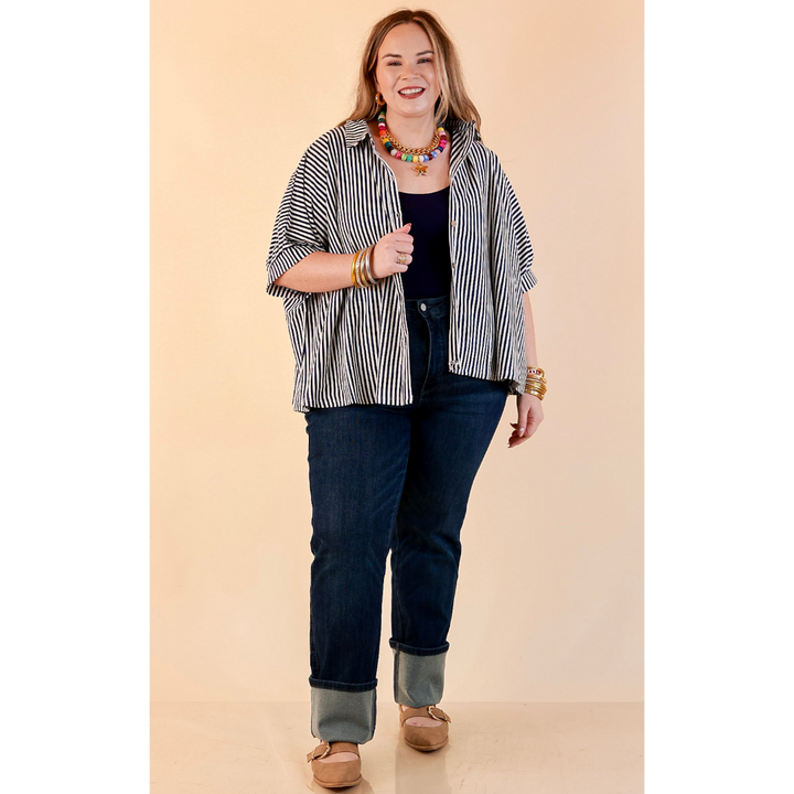 Perfectly Aligned Button Down Collared Top with Vertical Ivory Stripe Detail in Navy Blue