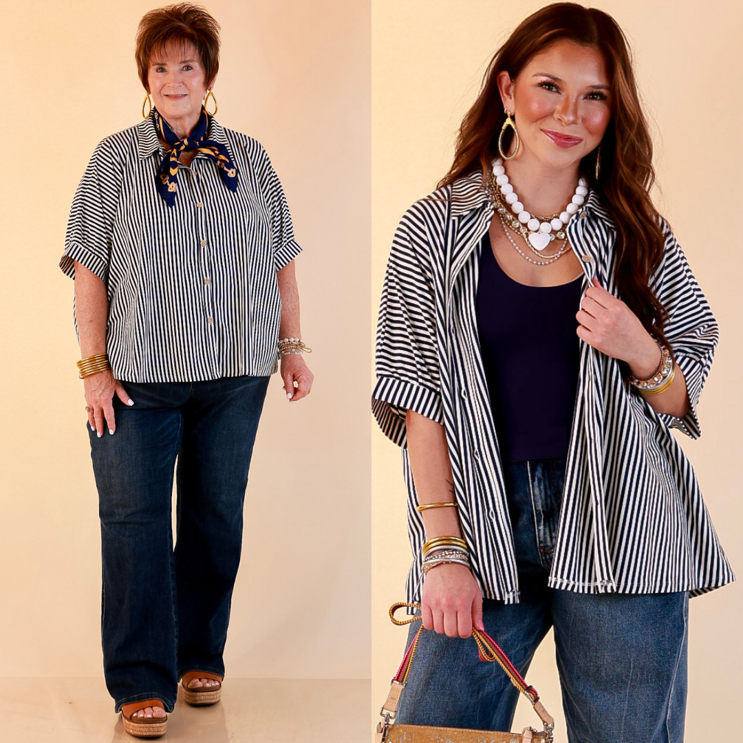 Perfectly Aligned Button Down Collared Top with Vertical Ivory Stripe Detail in Navy Blue