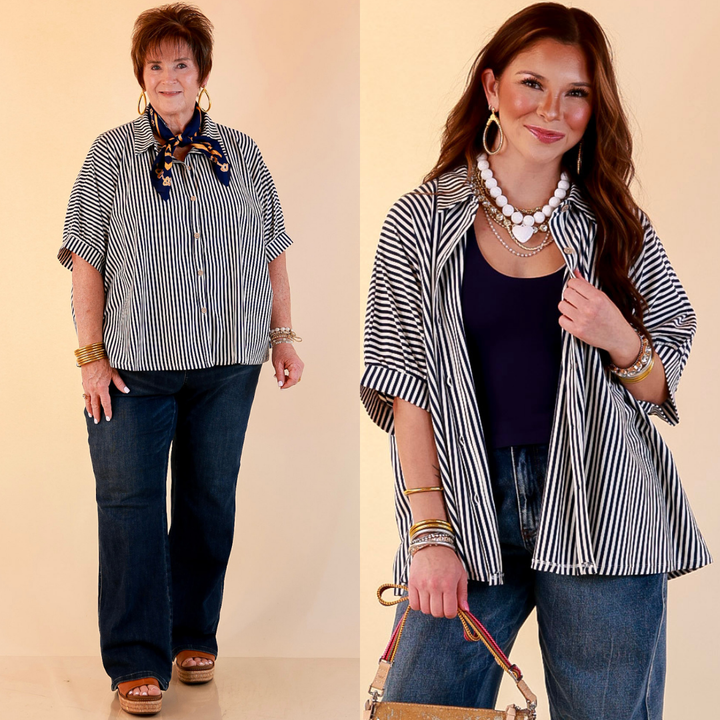 Perfectly Aligned Button Down Collared Top with Vertical Ivory Stripe Detail in Navy Blue