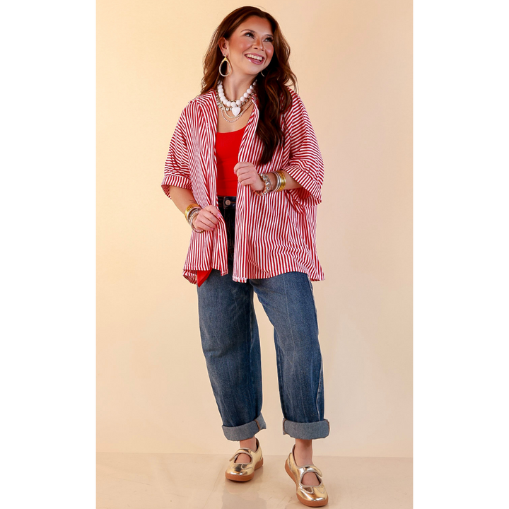 Perfectly Aligned Button Down Collared Top with Vertical Ivory Stripe Detail in Red