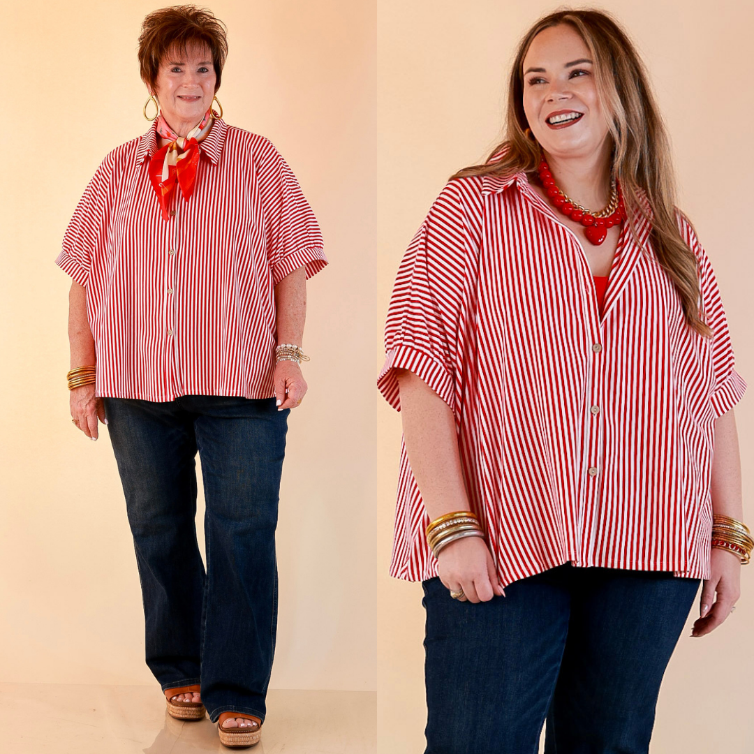 Perfectly Aligned Button Down Collared Top with Vertical Ivory Stripe Detail in Red