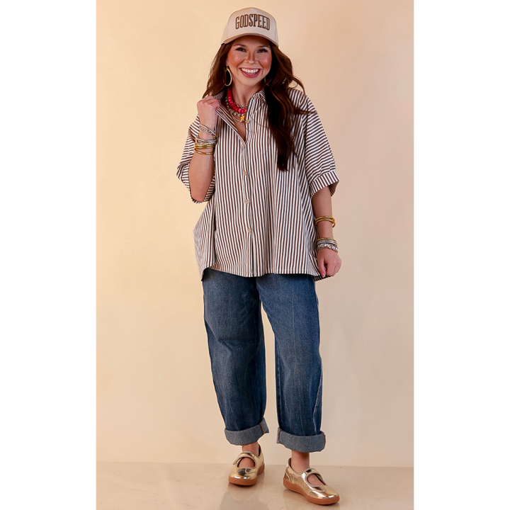 Perfectly Aligned Button Down Collared Top with Vertical Ivory Stripe Detail in Taupe Brown