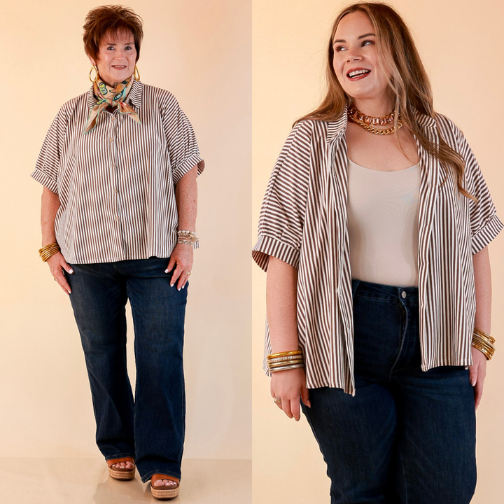 Perfectly Aligned Button Down Collared Top with Vertical Ivory Stripe Detail in Taupe Brown