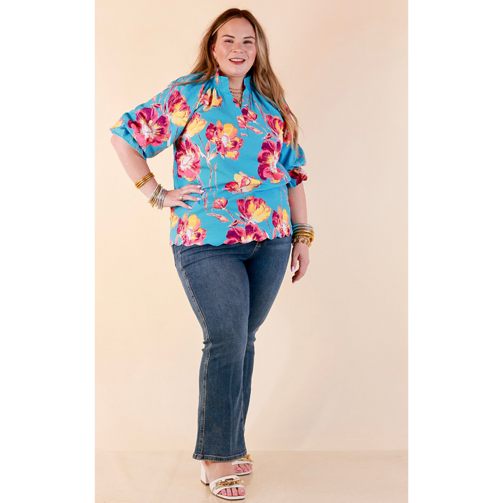 Petal Perfect Floral Print Textured Puff Sleeve Top with Ruffle Split Neckline in Aqua Mix