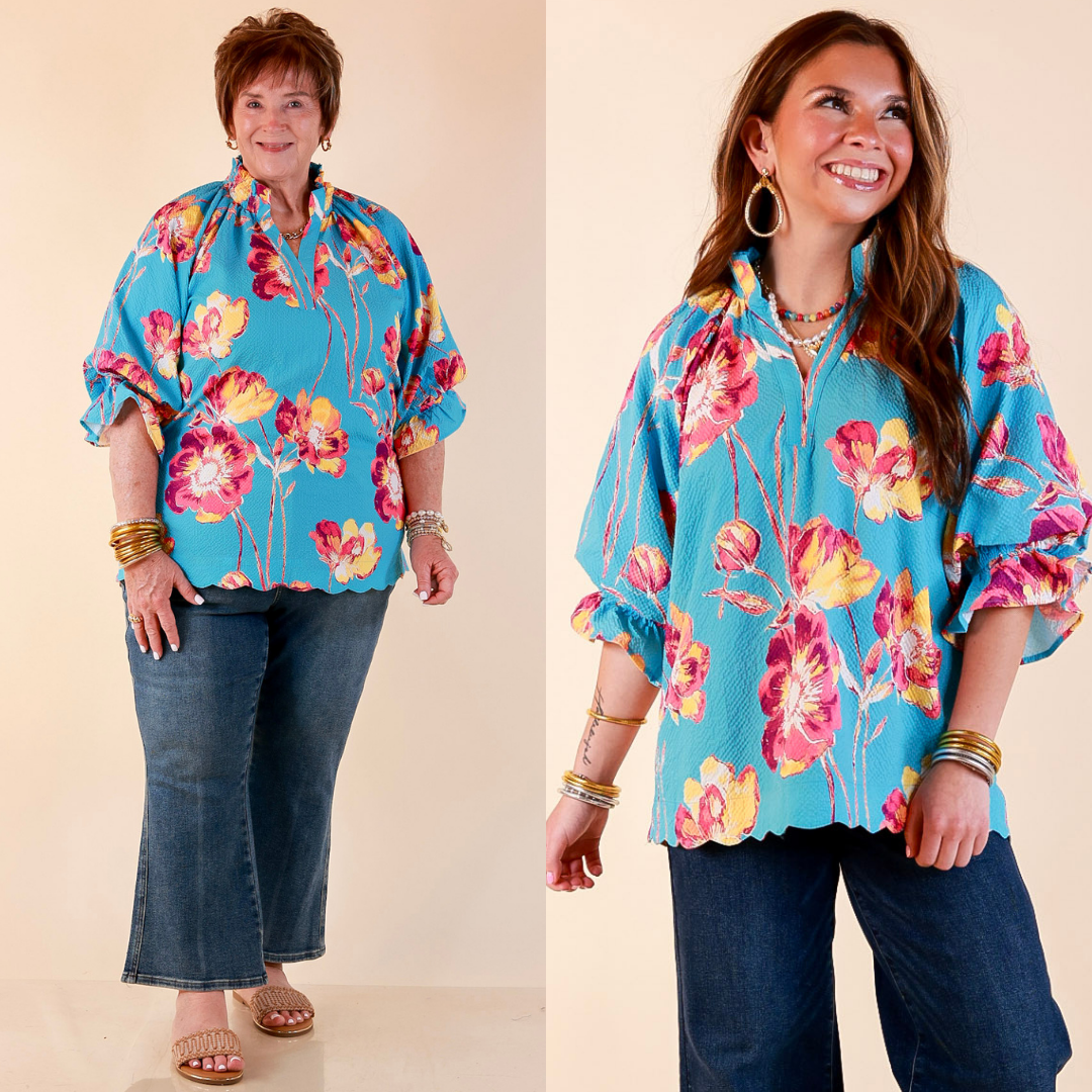Petal Perfect Floral Print Textured Puff Sleeve Top with Ruffle Split Neckline in Aqua Mix