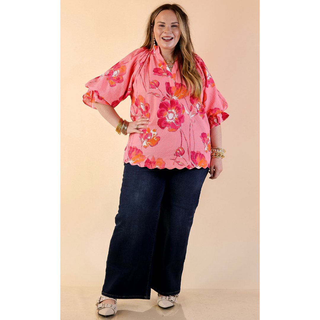Petal Perfect Floral Print Textured Puff Sleeve Top with Ruffle Split Neckline in Pink Mix