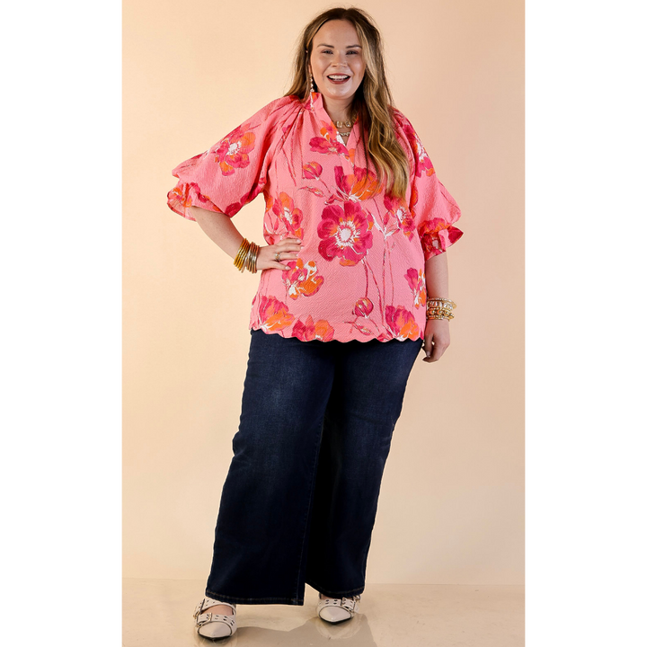 Petal Perfect Floral Print Textured Puff Sleeve Top with Ruffle Split Neckline in Pink Mix