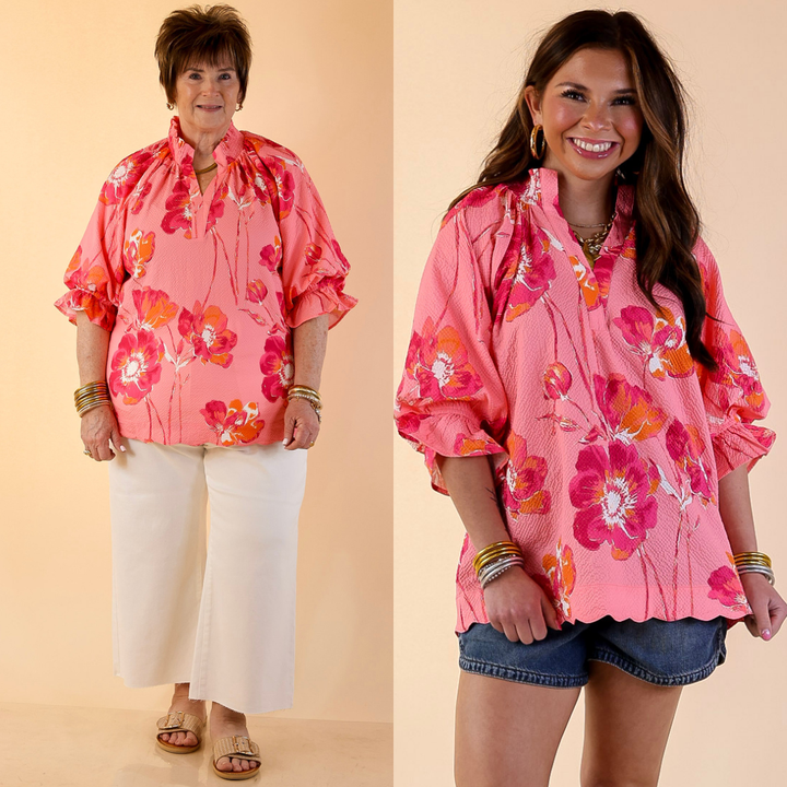 Petal Perfect Floral Print Textured Puff Sleeve Top with Ruffle Split Neckline in Pink Mix